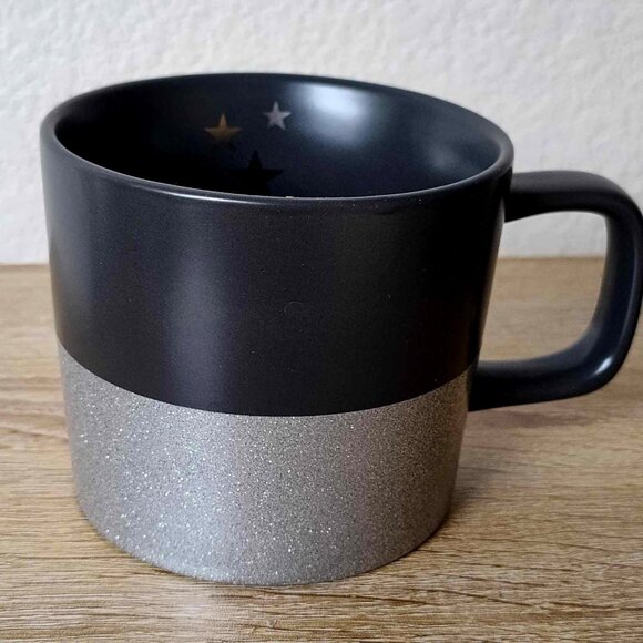 Starbucks Coffee Mug 2018 Matte Black & Silver Glitter w/Stars 12oz - Picture 2 of 6